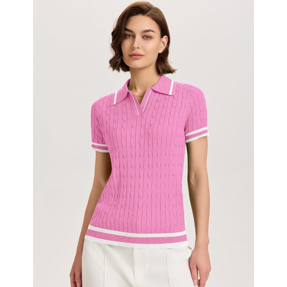 Elegant Women's Summer Cable Knit Sweater - Pink & White Stripe, Size X-Large - Picture 2 of 5